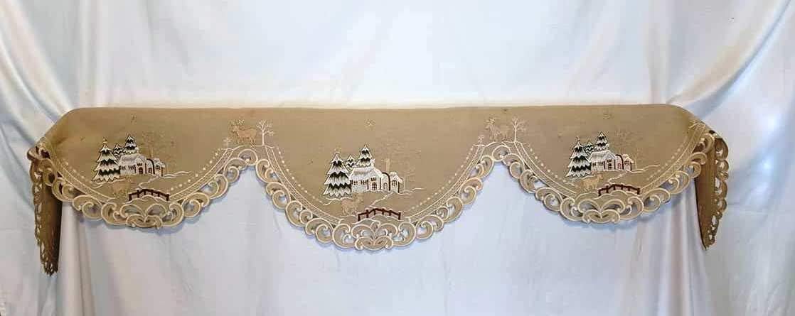 Christmas Fireplace Mantel Runner with a Reindeer on Tan Burlap Linen Fabric, Size 90 x 19 inches
