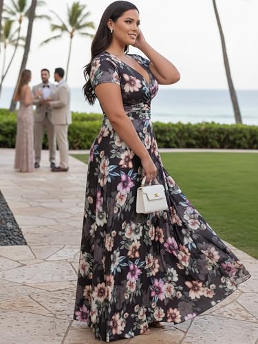Image of KOH KOH Womens Long Cap Sleeve Floral Print V-Neck Summer Flowy Maxi Dress