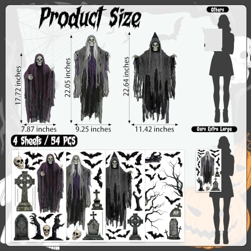 54 PCS Large Halloween Decor, Grim Reaper Halloween Window Clings for Home - image 2