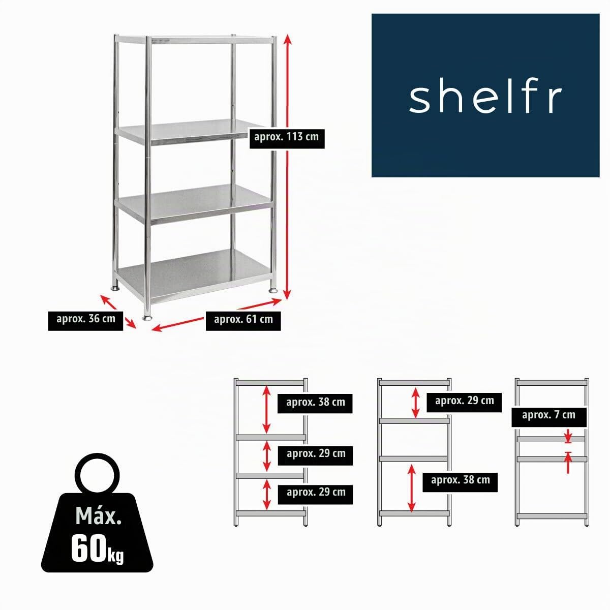 EYEPOWER shelfr 4 Niveles Estantería Metálica - 61x36x113 Acero Inoxidable - 60kg Estante de Almacenaje Metal