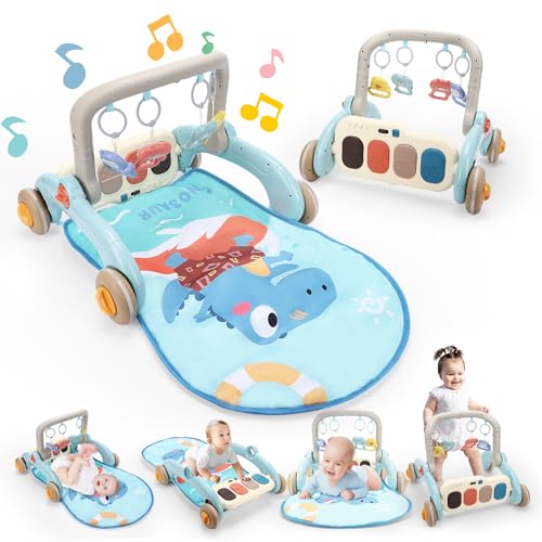 Image of 2 in 1 Baby Play Gym with Walker for Newborn, Baby Play Mat Activity Gym with 4 Infant Learning Sensory Tummy Time Mat for Infant Christmas Gifts Adjustable Height (Blue)