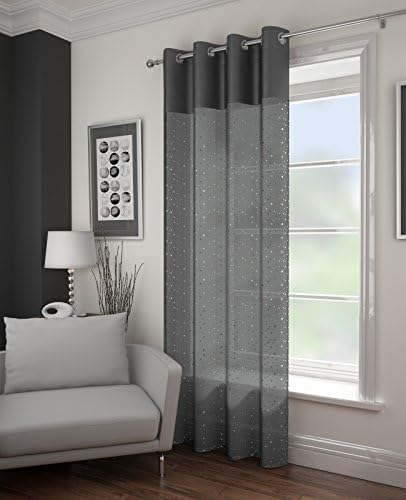 Filigree Sequins Diamante Window Voile Net Curtain Panel With Eyelet Grommet Top 55"Wide x 72"Drop Silver Gray