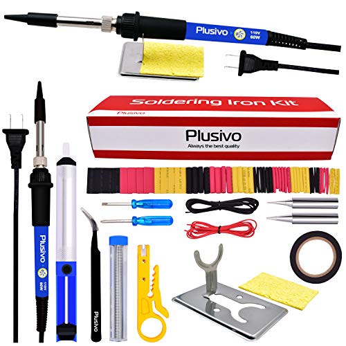 Soldering Iron Kit Electronics, Soldering Iron 60W Adjustable Temperature, Solder Wire, Wire Stripper, Desoldering Pump, Tweezers, Solder Tips, Mini Stand, Screwdrivers, Heatshrink Tubes from Plusivo