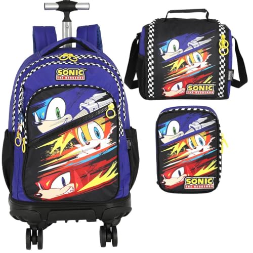 Mochila Infantil Rodinhas Sonic com Lancheira e Estojo 100 Pens Azul