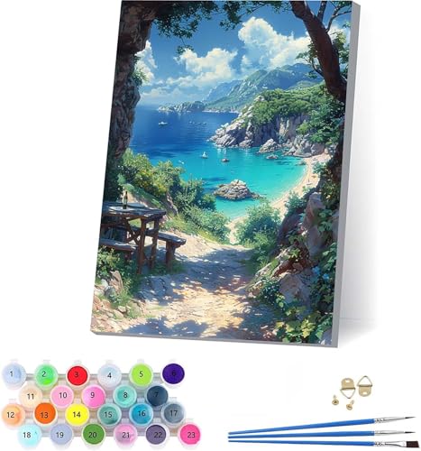 数字油絵 風景 大人用 DIY ペイントバイナンバー 海 手塗り 絵 デジタル油絵セット ブラシとアクリル絵具付き 数字塗り絵 大人のクラフトアクティビティ Paint by Numbers ホーム オフィス装飾 誕生日プレゼント女性 40x50cm D-