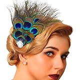 Serre-tête bibi à plumes des années 20 pour femme avec finition soignée, bandeau noir et vert avec strass, design unique et attrayant.