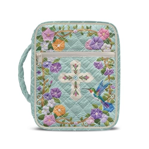 Rnyleeg Funda acolchada para la Biblia para mujer, diseño de cruz y flor, colibrí, con marcadores y bolsillos, kit de diario de Biblias verdes para bolígrafos, tarjetas de notas, forro de diario para