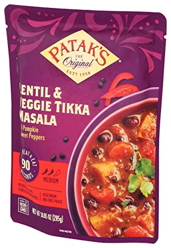Image of Patak's Lentil & Veggie Tikka Masala - Vegetarian Indian Curry w /Lentils, Beans, Pumpkin, Sweet Potatoes & Vegetables - Ready-to-Eat Microwaveable Meal - Serve with Rice or Naan - 10.5oz (Pack of 4)