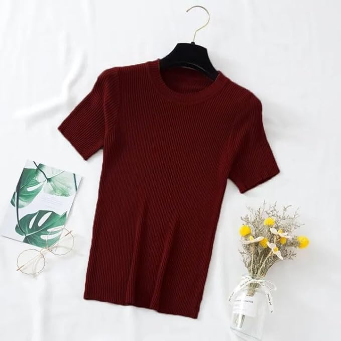 Image of Typical Fashion Women's Ribbed Knit Slim Fit Top - Short Sleeve, Round Neck, Stretchable Stylish T-Shirt for Casual & Formal Wear
