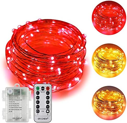 ErChen Battery Powered Dual-Color Led String Lights, 33FT 100 LEDs Color Changing Dimmable 8 Modes Silver Copper Wire Fairy Lights with Remote Timer for Indoor Outdoor Christmas (Warm White, Red)