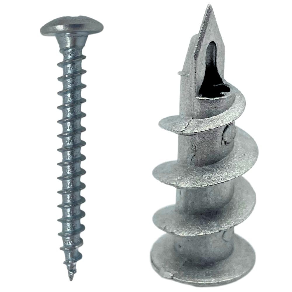 Plasterboard Fixings with Screws Heavy Duty Metal Self-Drill Professional Quality Wall Zinc Alloy Anchor 32mm Stud (Pack of 20), Silver