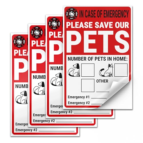 Pet Alert Safety Fire Rescue Sticker 4 x 6 Inch Adhesive Vinyl 4 Pack
