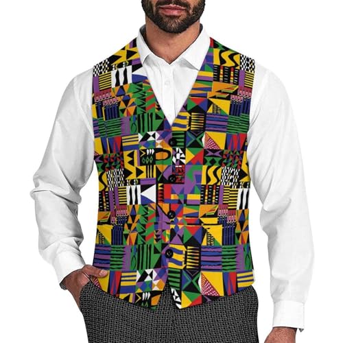African Geometric Men's Suit Vest Waistcoat Vests Formal Dress with 2 Pockets for Business Casual Tuxedo