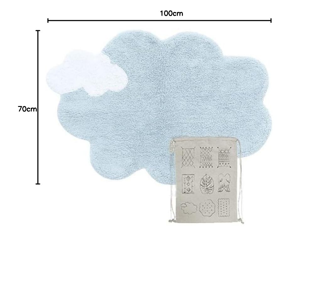 Lorena Canals - Tapis Lavable pour Enfants. Mini Dream en Couleur Bleu et Blanc - Fait à la Main en Forme de Nuage et fabriqué en Coton Naturel et en teintures Non Toxiques - Taille:70x100cm