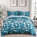 DJY Teal Blue Duvet Cover King Teal Blue Floral Bedding Set, Reversible Lightweight Leaves Bedding Sets 3pcs with Zipper Closure (King, 220x230cm)