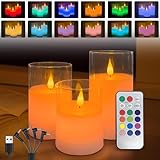 LEDHOLYT Rechargeable RGB Flameless Candles, Clear Glass LED Pillar Candle with Remote & Timer, Set of 3 — Color-Changing Decorative Candles for Living Room, Bedroom, Holiday Décor & Gifts for Women