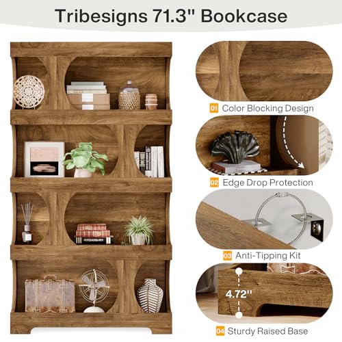 Image of Tribesigns 71 inch Tall Bookcase Set of 2, 4-Tier S-Shaped Bookshelf, Wood Decorative Storage Shelving, Modern Freestanding Display Shelves, Large Library Bookshelf Unit for Home Office Living Room, Brown
