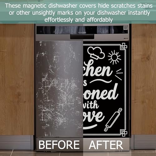 Image of Black Kitchen Utensils Dishwasher Covers for The Front Magnetic,Kitchen is Seasoned with Love Refrigerator Magnets Decoration,Reusable Dishwasher Cover Panel for Home Kitchen Decor 23x26 Inch