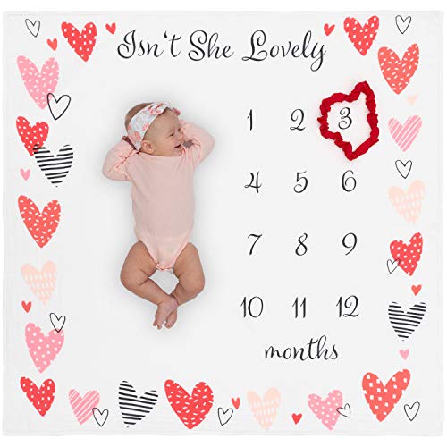 Image of Pondering Pine Organic Baby Monthly Milestone Blanket Girl - Hearts Baby Month Blanket with Months Marker - Isn’t She Lovely Baby Girl Milestone Blanket, 1-12 Months Milestones, 47" X 47"