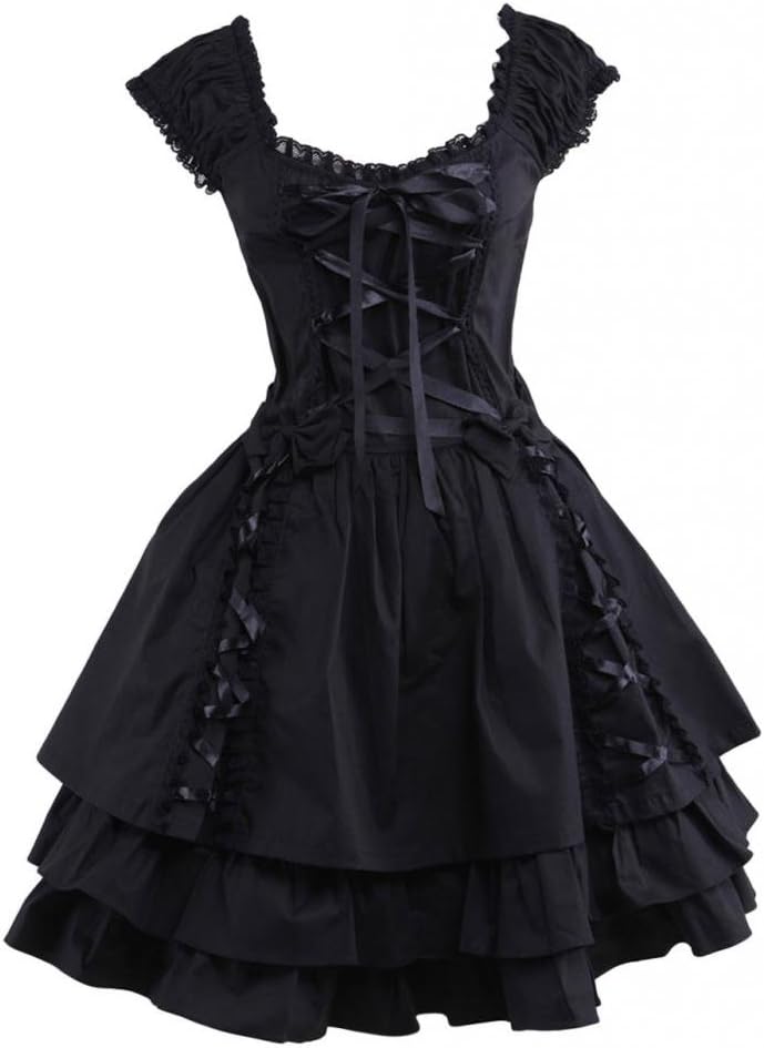 M4U Womens Classic Black Layered Lace-Up Cotton Lolita Dress Tailor Made