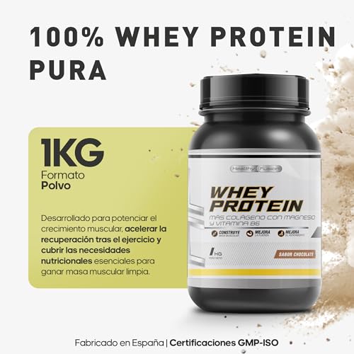Miniatura 2 de Whey Protein 1KG | 43g Proteína/dosis | Proteína en polvo, BCAA, Glutamina, Colágeno, Magnesio y Vitamina B6 | Aumenta Masa Muscular, Fuerza, Recuperación | Alta Disolución, Fácil Digestión Chocolate