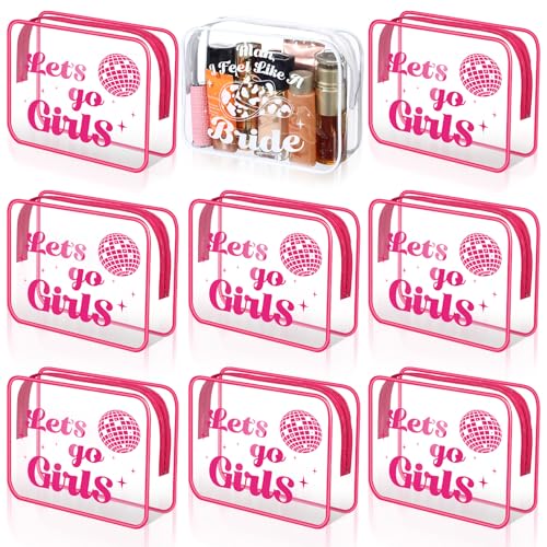 Shinylin 9 Pcs Lets Go Girls Bachelorette Makeup Bags Bride Cosmetic Bags Bridesmaid Gifts Purse PVC Clear Toiletry Purse with Zipper for Women Bachelorette Party Wedding Bridal Shower