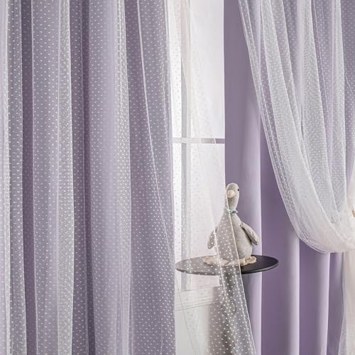 Image of MYSKY HOME Lavender Blackout Curtains for Girls,Lilac Purple 52x63,2 Panels | Blackout Curtains with Polka Dots Sheer Overlay, Grommet Tops,Window Drapes for Nursery Kids Bedroom Living Room Decor