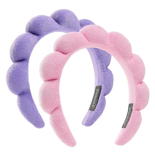 Spa Facial Headbands Combo Pack - 2 Terry Cloth Makeup Headbands for Face Washing, Masks, and Skin Treatments (Pink + Purple)
