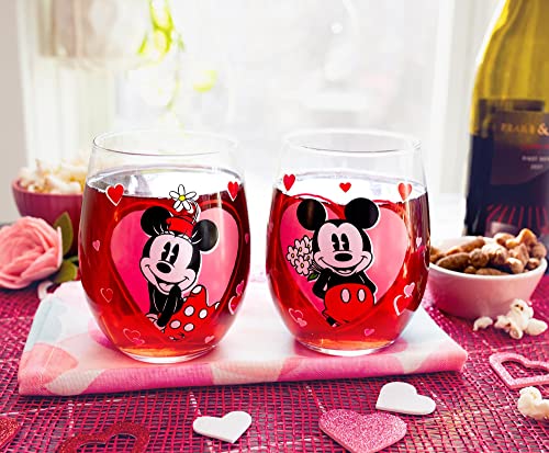 Disney Minnie And Mickey Mouse Hearts Stemless Wine Glasses, Set Of 2 | Tumbler Cup For Mimosas, Cocktails | Each Holds 20 Ounces #TOP4