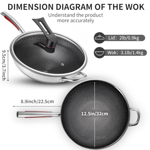 12.6" Lake Tian Tri-Ply Chemical Free Laser Etched Honeycomb Nonstick Stainless Steel Wok Pan w/ Glass Lid - image 6