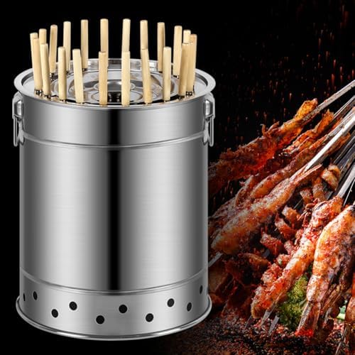 Barbecue portatile a carbonella senza fumo, con barile in acciaio inox da 39 cm, con 28 spiedini per kebab e barbecue