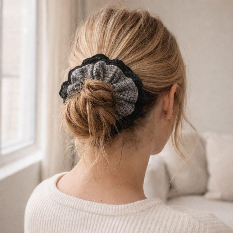 Oversized Lace Hair Scrunchies for Women, Cotton Linen Fabric Hair Ties, Gentle No Pull Elastic, Frizz Control & Thick Hair Friendly, Vintage Style, 2 Pack