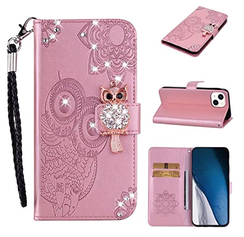 Lvnarery Funda para iPhone 14 con diseño de búho con purpurina y gemas brillantes, funda de piel sintética, ranuras para tarjetas, funda magnética de silicona a prueba de golpes, color rosa