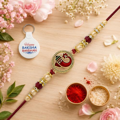 Image of Riddhika Ventures Religious Gold Plated Meenakari Sacred Ganesha Rakhi with Roli Chawal and One Happy Raksha Bandhan Keychain