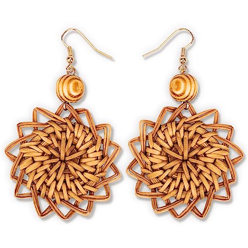 Boho Rattan Earrings for Women Dangling Handmade Wooden Bead Wick...