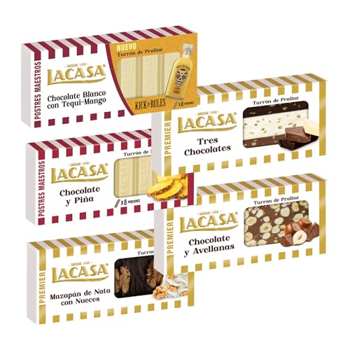 Pack Surtido 5 Turrones Lacasa:Mazapán de Nata con Nueces, Blanco con Tequi Mango, Chocolate y Avellanas, Cacao y Piña, Tres Chocolates