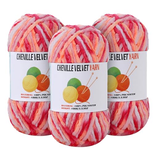 Image of 3 * 100g Velvet Chenille Chunky Yarn for Crocheting, Handcrafts Weaving Soft Chenille Yarn for Crocheting Clearance, Used for Making Baby Yarns Blanket, Clothes, Knitting Creations (Colorful - G)