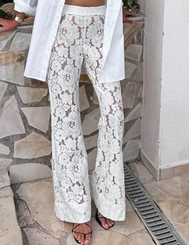 Perbai Women's Y2K Lace Bell Pants Crochet See Through Flare Leggings Floral Embroidered Mesh Beach Trousers3