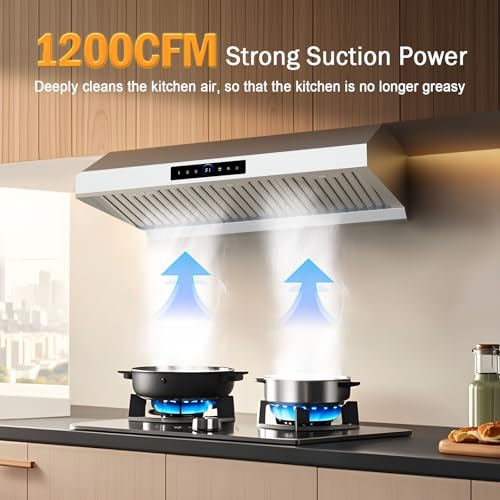36 Inch Under Cabinet Range Hood 1200CFM, 4-Speed Kitchen Hood with Touch Control & Gesture Sensing Stainless Steel Kitchen Stove Vent Hoods with 2 LED Lights Pro Series