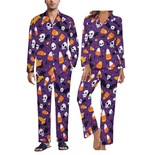 Matching Pajamas for Couples Halloween Long Sleeve Sleepwear Women/Men Soft Button Down Nightwear 2 Pcs Loungewear