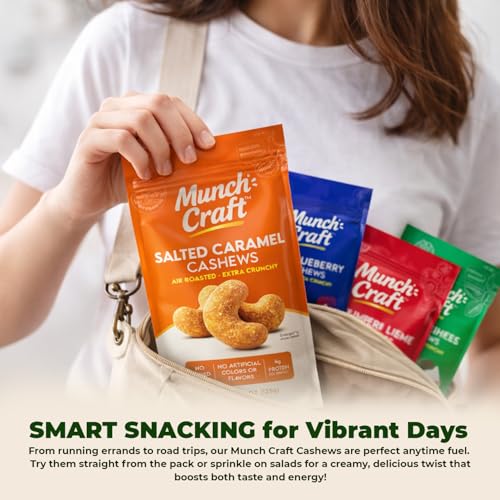Image of Munch Craft Gourmet Salted Caramel Cashews - Perfectly Balanced Flavor (Buttery Caramel & Sea Salt) - Extra Crunchy Air-Roasted Nuts, Oil-Free - No Artificial Colors or Flavors - 4.4 oz (125g) Resealable Bag