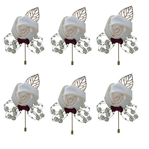 ZJCilected 6Pieces/lot Handmade Men's Lapel Satin Flower Pearl Decor Boutonniere Pin for Suit Wedding Groom Groomsmen Brooch Rose Boutonniere(Ivory)