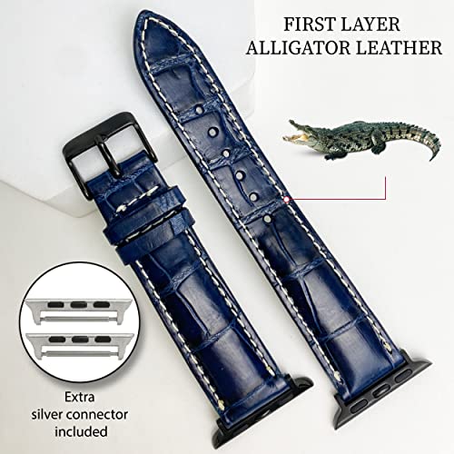 Navy Blue Crocodile Leather Band White Stitching Compatible For Apple Watch Iwatch Ultra 49Mm 45Mm 44Mm 42Mm Men Alligator Belly Replacement Strap Smartwatch Series 8 7 6 5 4 3 2 1 Se Vintage Handmade Aw-51-Ll #TOP1