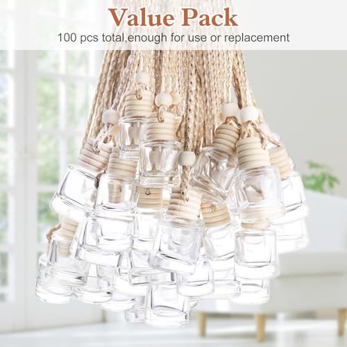 Image of 100 Pack Set Car Hanging Air Freshener Empty Car Essential Oil Diffuser Bottles Pendant Round 8ml Glass Perfume Bottles Aromatherapy Fragrance Bottle Auto Ornaments Decor