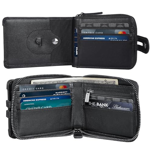 Image of Polare Napa Leather Bifold Wallet for Men RFID Blocking Card Case with AirTag Slot and YKK Zip Coin Pocket (Black)