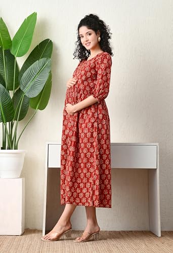 Image of Ichaa Women's Blue Cotton Printed Maternity Dress with Feeding Zips and Pocket| in Plus Sizes