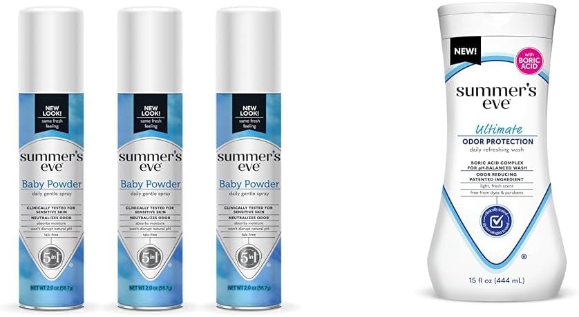 Summer's Eve Baby Powder Spray 3 Pack and Ultimate Odor Control Body Wash with Boric Acid, 15 Fl Oz