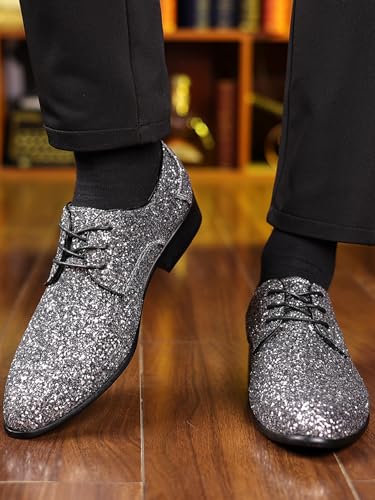 Men's Glitter Sequin Pointed Toe Derby Shoes Fashion Lace Up Block Chunky Heel Tuxedo Dress Oxfords for Party Prom Wedding3