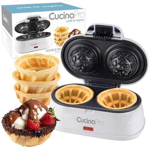 Double Waffle Bowl Maker- Make two 4″ Ice Cream Cone Bowls at Once in Just Mins- Holiday Dessert Appliance for Yogurt Fruit Snacks- Nonstick Iron Easy Clean Electric Kitchen Gadget w Recipes Xmas Gift