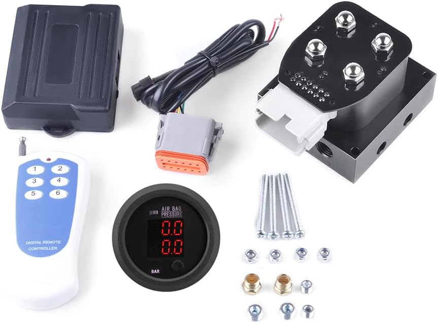 12V Solenoid 4-Valve Air Ride Suspension manifold valve with remote controller 0-200psi, equipped with three display air pressure gauge